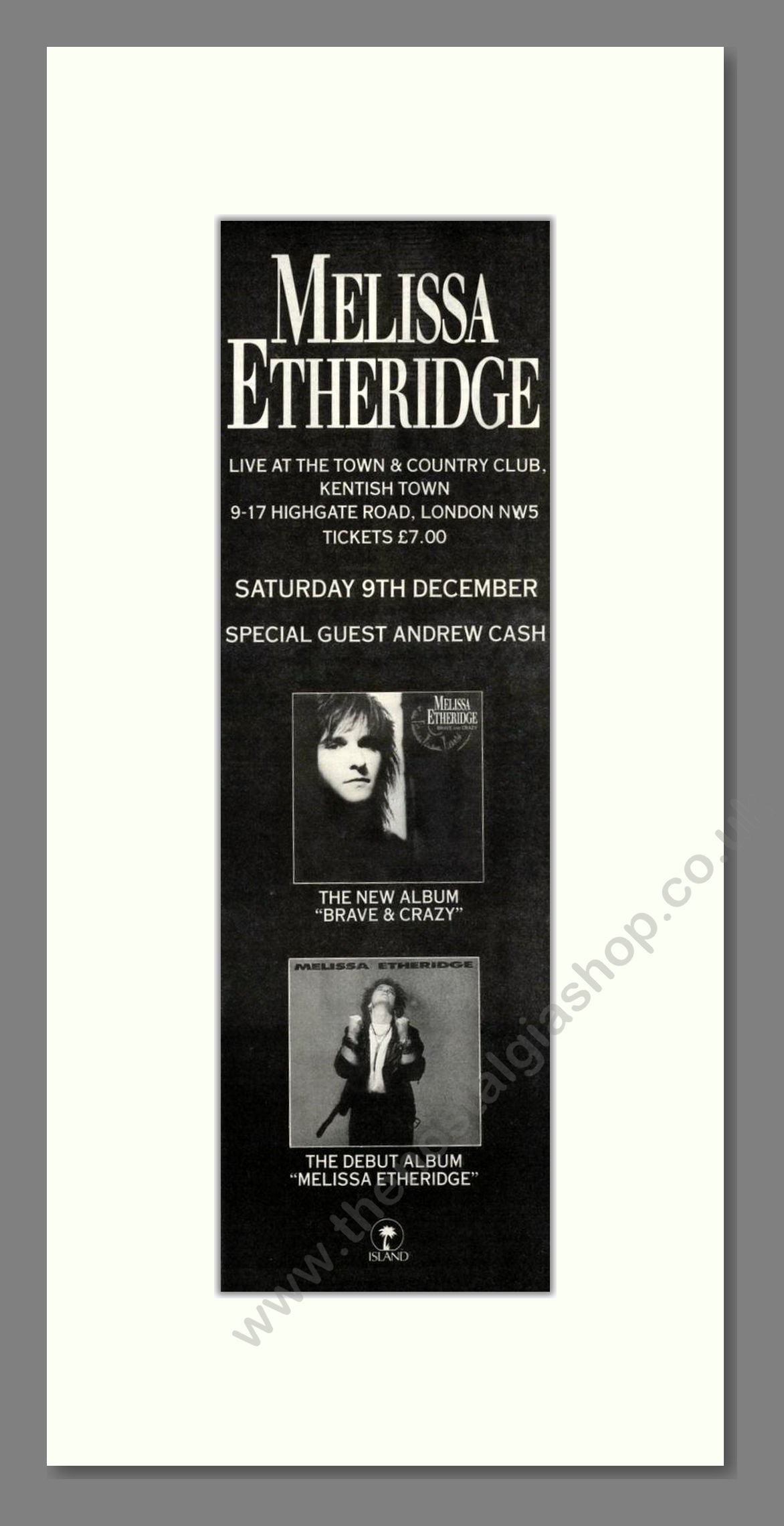 Melissa Etheridge - Live At Town And Country Club. Vintage Advert 1989 (ref AD201612)