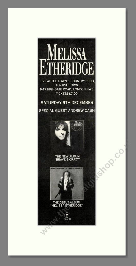Melissa Etheridge - Live At Town And Country Club. Vintage Advert 1989 (ref AD201612)