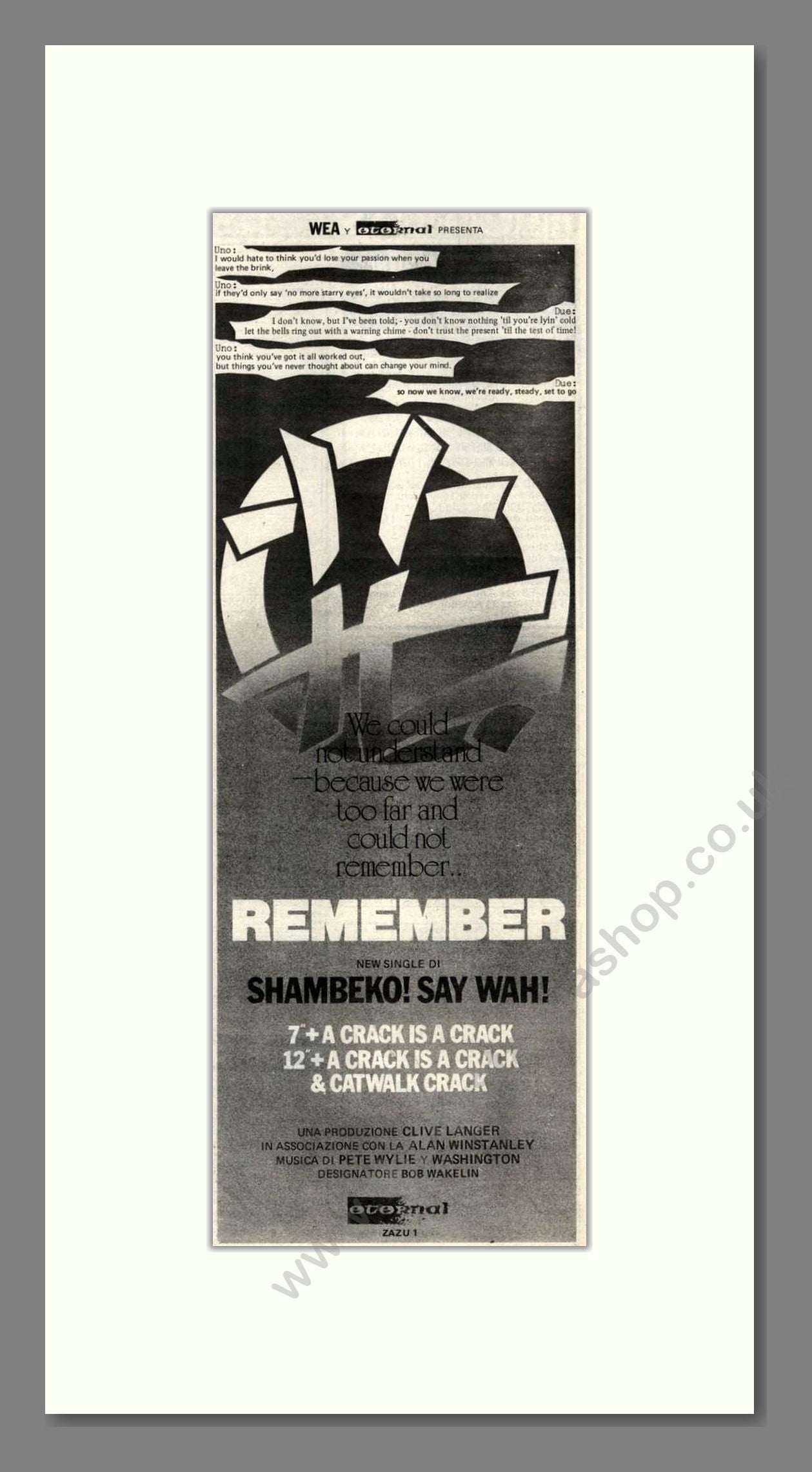 Shambeko! Say Wah! - Remember. Vintage Advert 1982 (ref AD201622)
