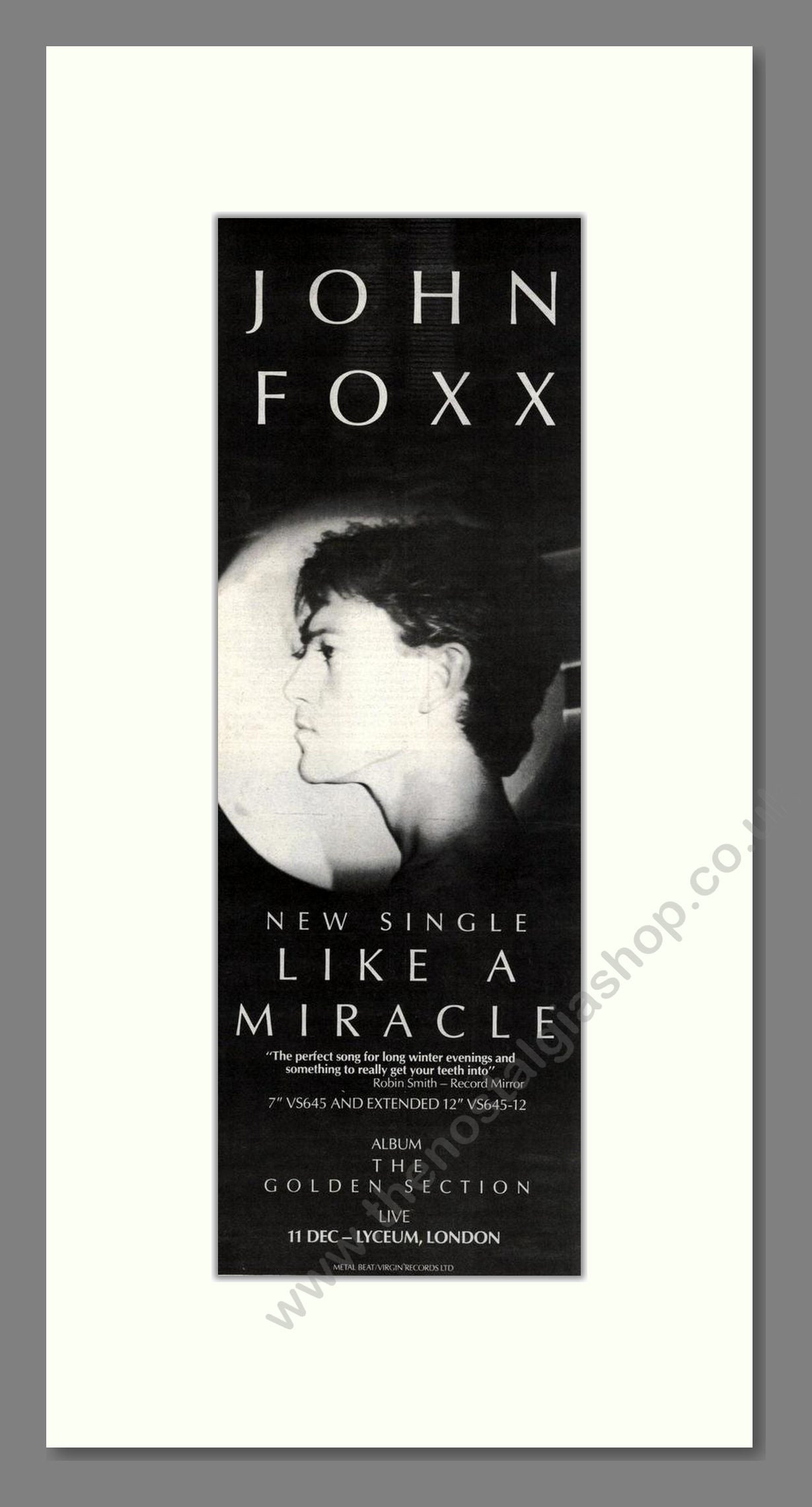 John Foxx - Like A Miracle. Vintage Advert 1989 (ref AD201634)