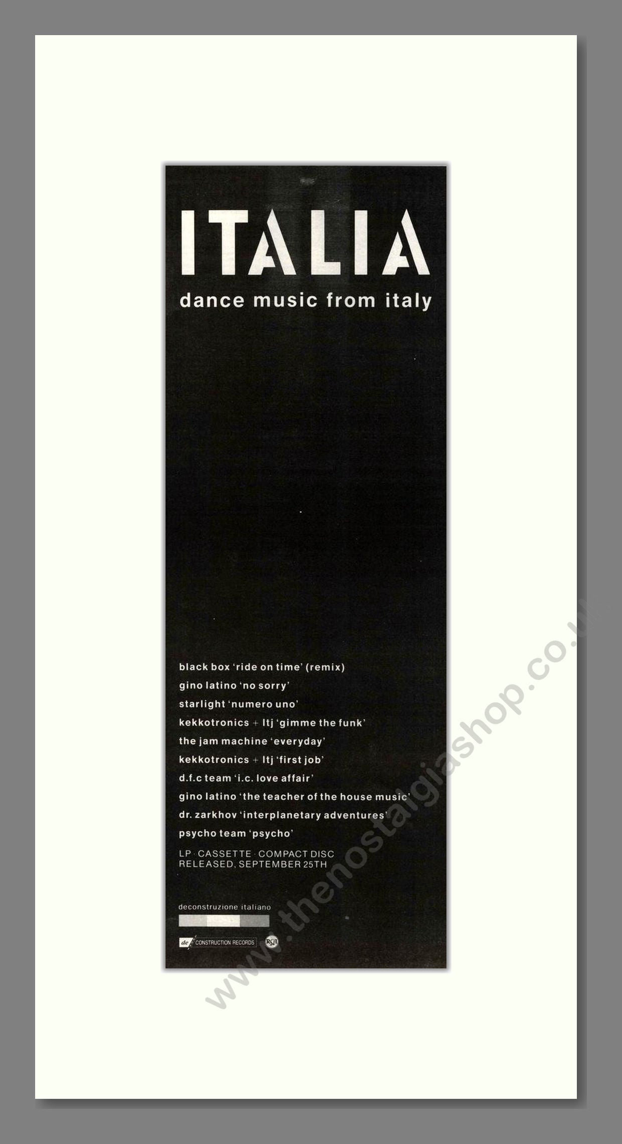 Various Artists - Italia - Dance Music From Italy. Vintage Advert 1989 (ref AD201645)