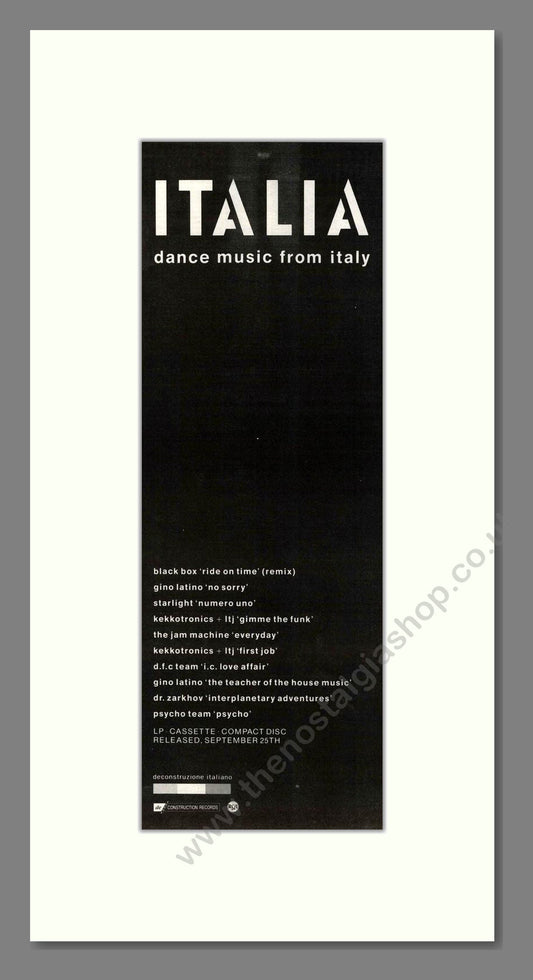Various Artists - Italia - Dance Music From Italy. Vintage Advert 1989 (ref AD201645)