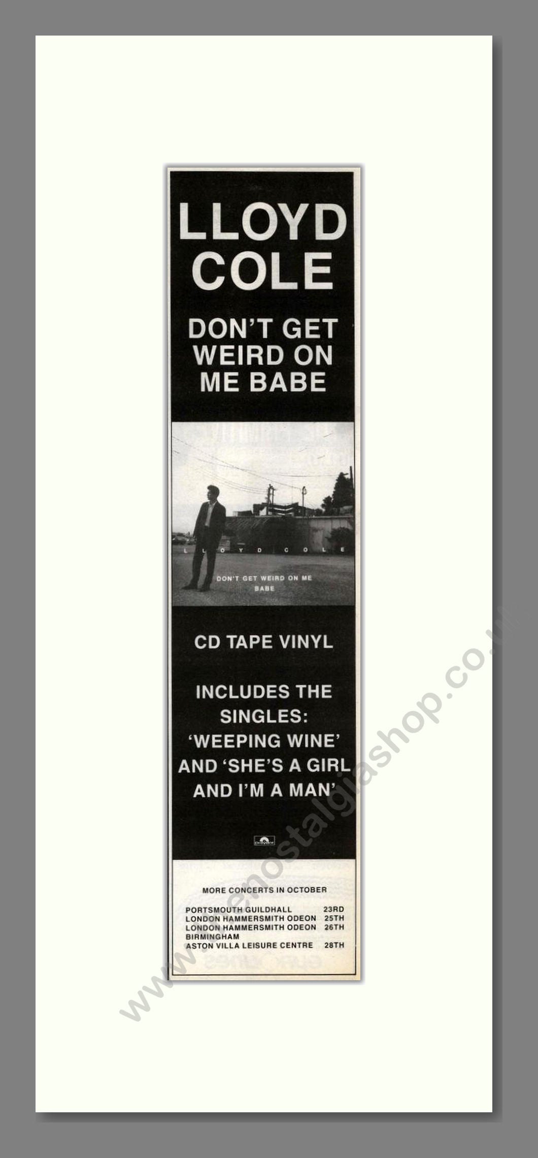 Lloyd Cole - Don't Get Weird On Me Babe. Vintage Advert 1991 (ref AD201690)
