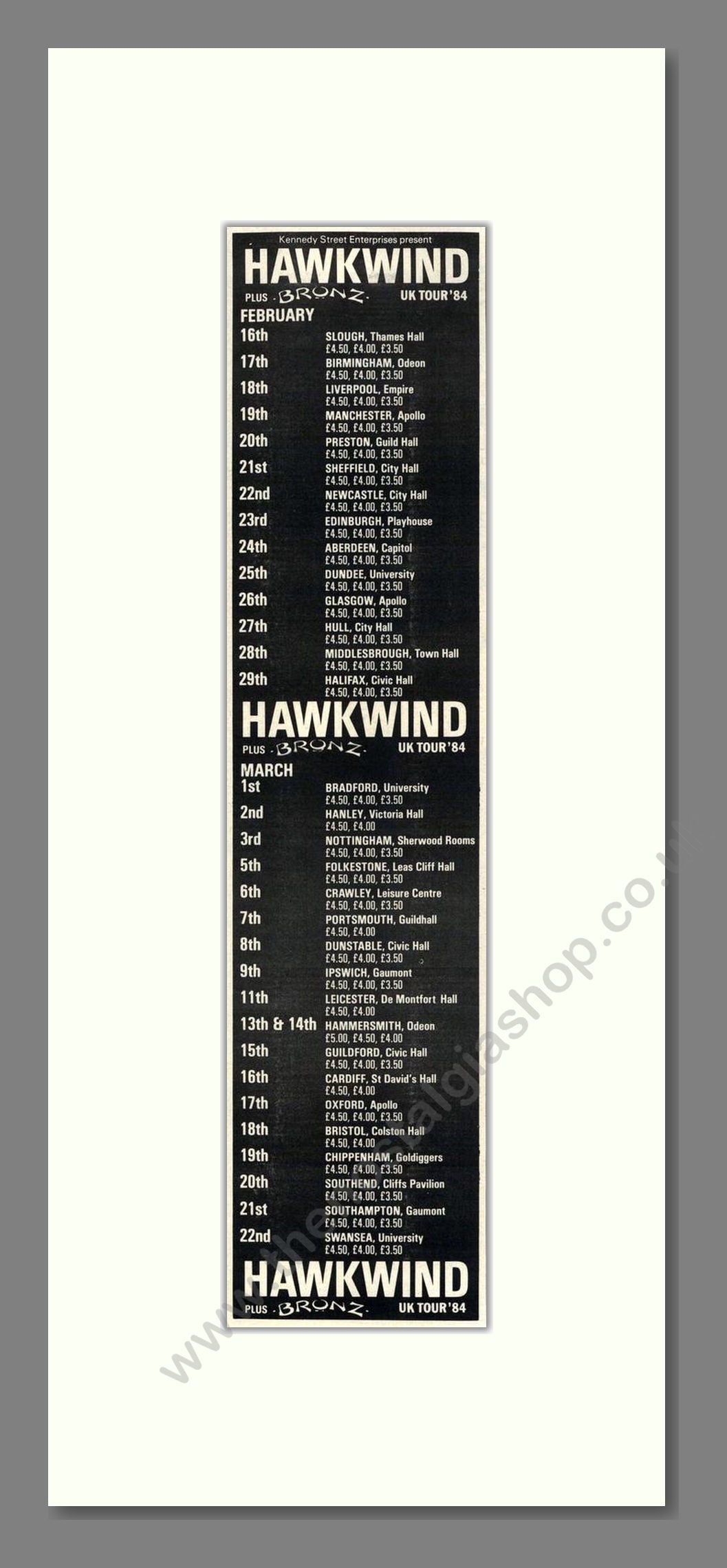 Hawkwind - UK Tour. Vintage Advert 1984 (ref AD201706)