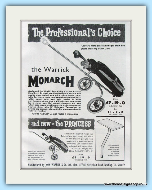 Warrick Monarch Golf Cart. Original Advert 1961 (ref AD4964)