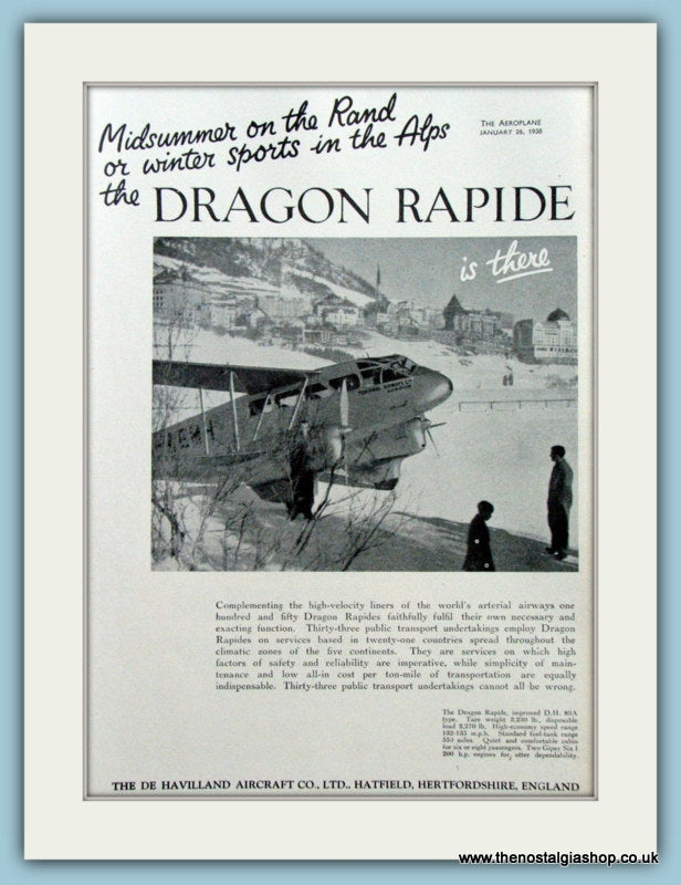 Dragon Rapide Aircraft. Original Advert 1938 (ref AD4220)