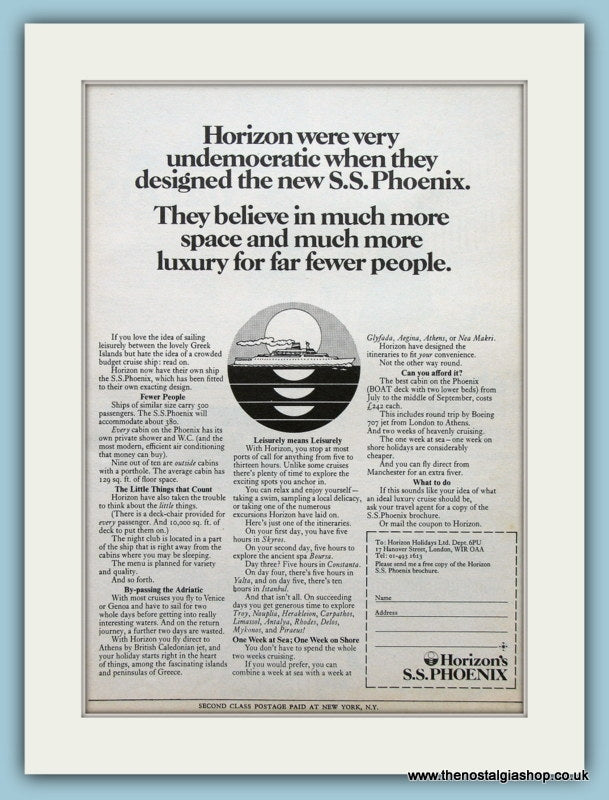 Horizon's S.S.Phoenix Boat Original Advert 1972 (ref AD2320)