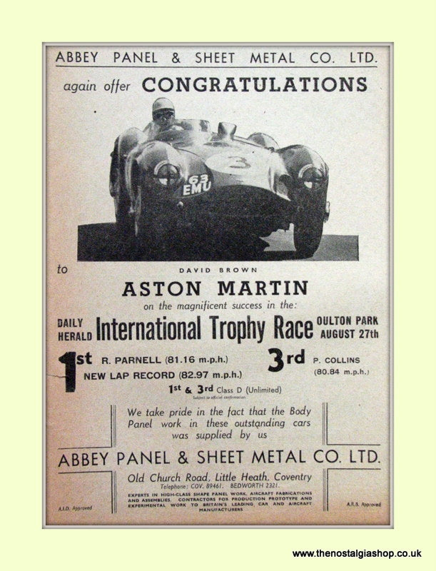 Aston Martin Abbey Panel & Sheet Metal Co Ltd Original Advert 1955 (ref AD6751)