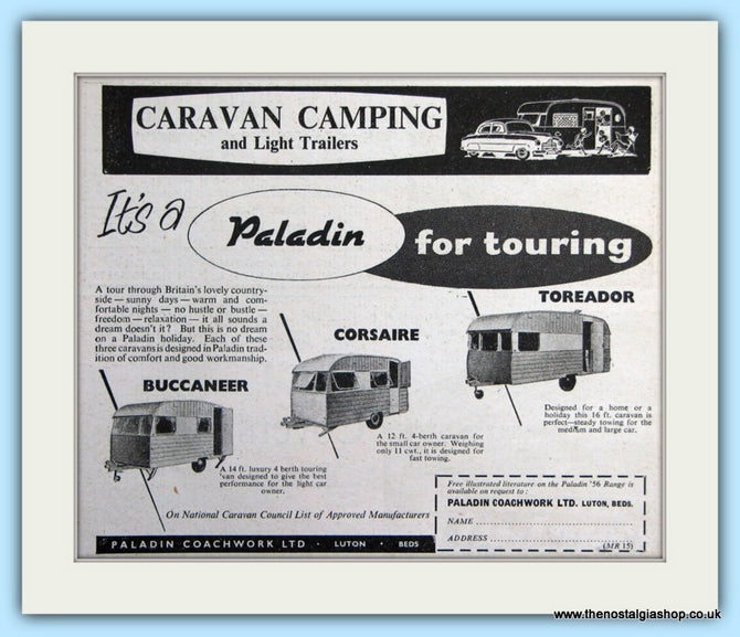Paladin Buccaneer, Corsaire, Toreador Touring Caravans Original Advert 1956 (ref AD6327)