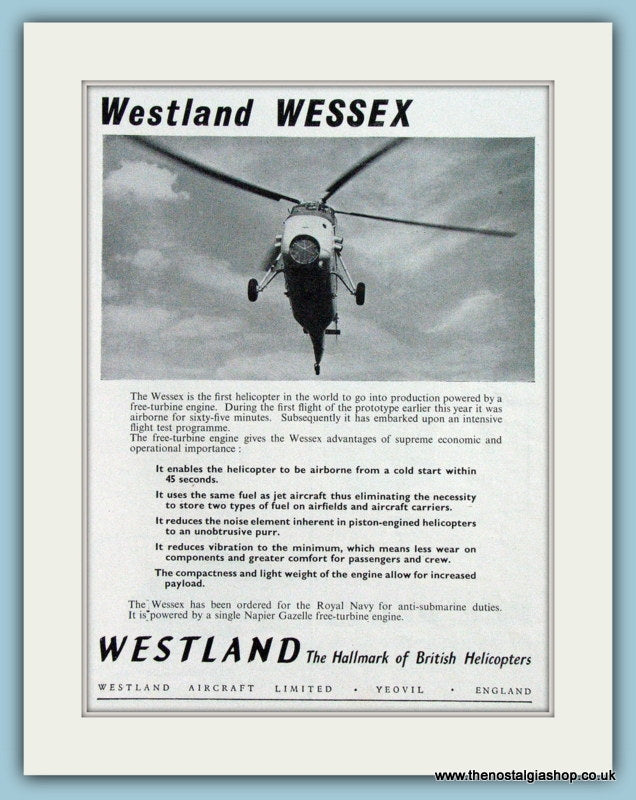 Westland Wessex Helicopter Original Advert 1957 (ref AD4277)