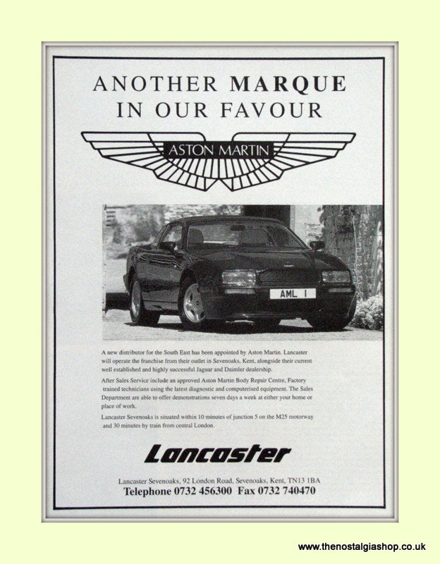 Aston Martin Lancaster Distributors Original Advert 1992 (ref AD6745)