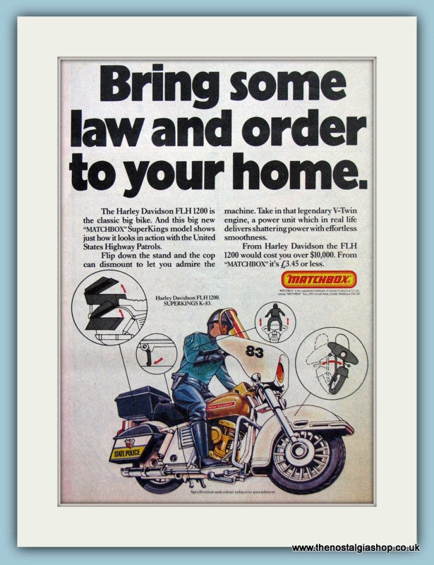 Matchbox Super Kings Harley Davidson Police Bike Original Advert 1981 (ref AD6457)