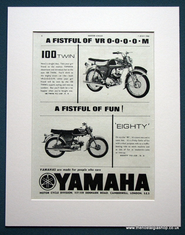 Yamaha 100 Twin & Eighty Motorcycles. Original advert 1966 (ref AD1219)
