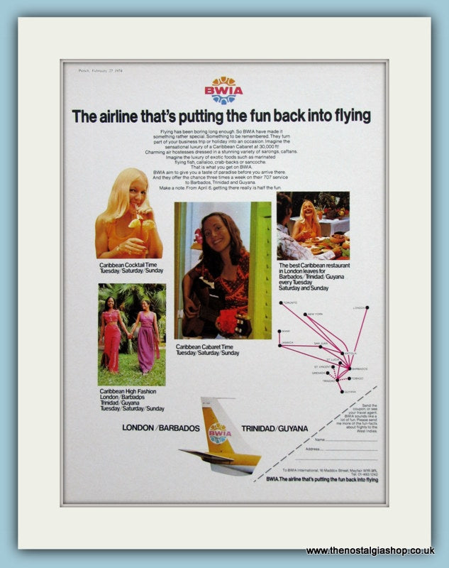 BWIA Airline Original Advert 1974 (ref AD2171)