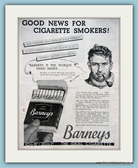 Barneys Cigarettes. Original Advert 1938 (ref AD6044)