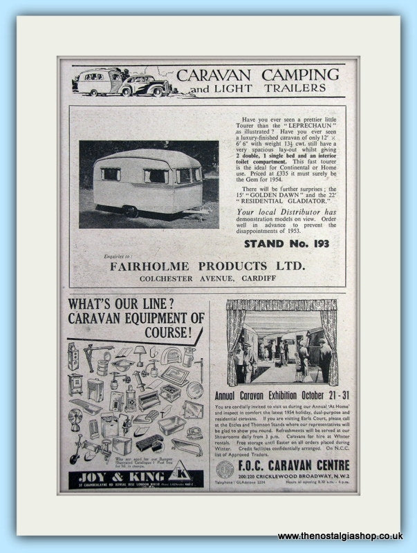 Fairholme Products, Joy & King, F.O.C Caravan Centre Original Adverts 1953 (ref AD6337)