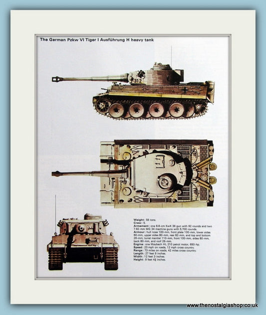 German Pzkw VI Tiger I Ausfuhrung H Heavy Tank. Print (ref PR456)
