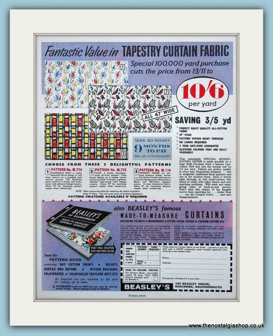 Beasley's Tapestry Curtain Fabric 1963 Original Advert (ref AD4485)