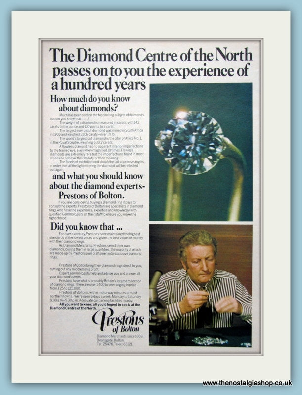 Prestons Of Bolton Diamond Merchants Original Advert 1975 (ref AD6245)
