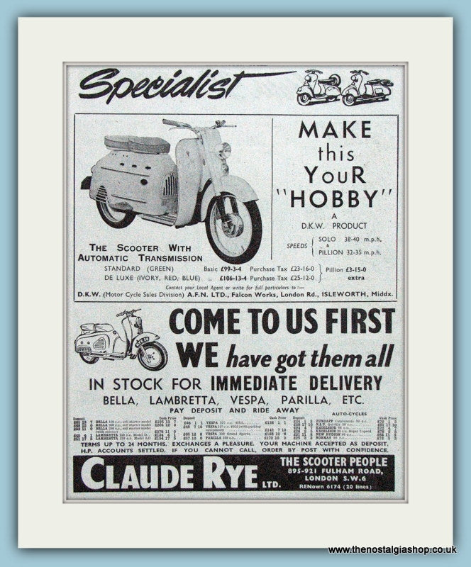 Scooter Bella, Vespa Parilla Original Advert 1955 (ref AD4182)