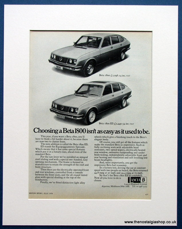 Lancia Beta 1800 1974 Original Advert (ref AD1680)