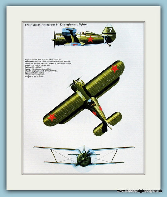 Russian Polikarpov I-153 Single Seater Fighter Aircraft. Print (ref PR576)