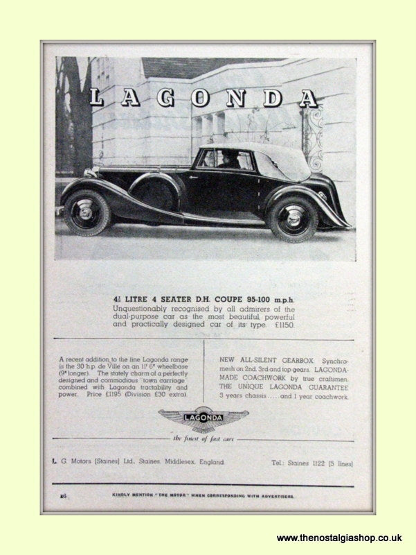 Lagonda Set Of 2 Original Adverts 1937 (ref AD6727)