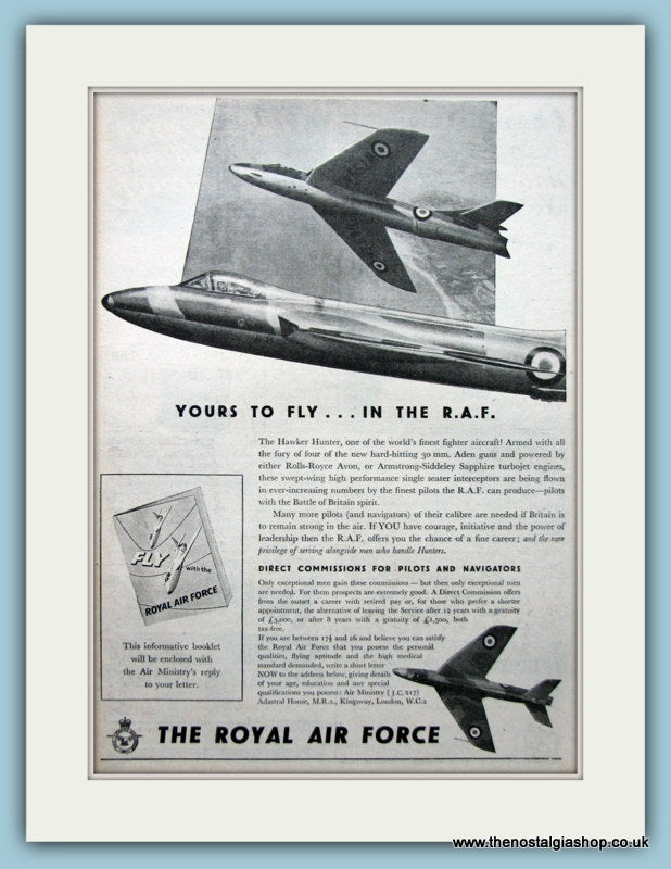R.A.F Hawker Hunter Original Advert 1955 (ref AD6275)