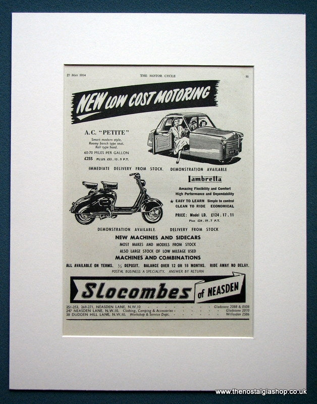 Slocombes of Neasden. Scooter Dealers. Original advert 1954 (ref Ad1313)