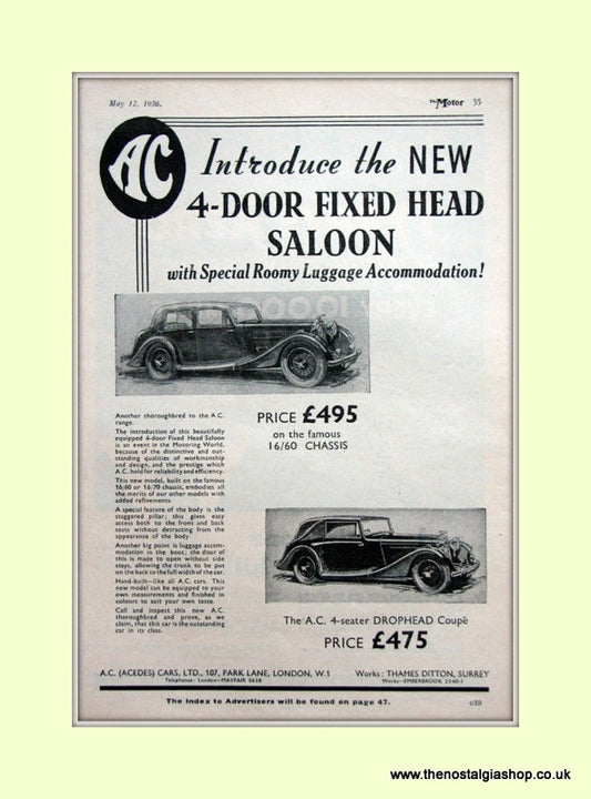 AC Fixed Head Saloon. 1936 Original Advert (ref AD6609)