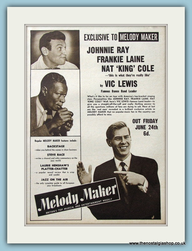 Melody Maker Johnnie Ray Nat King Cole Frankie Laine Original Advert 1955 (ref AD4356)