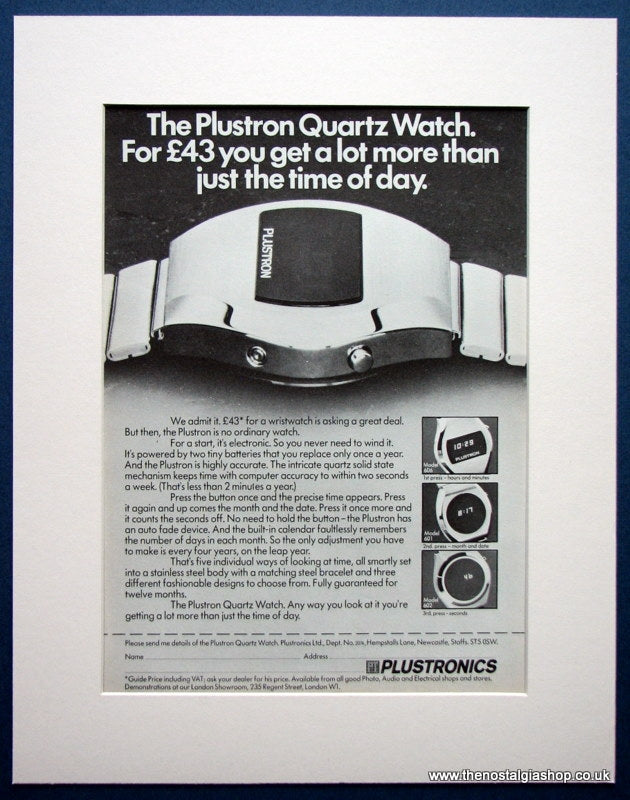 Plustron Quartz Watch. Original advert 1975 (ref AD1009)