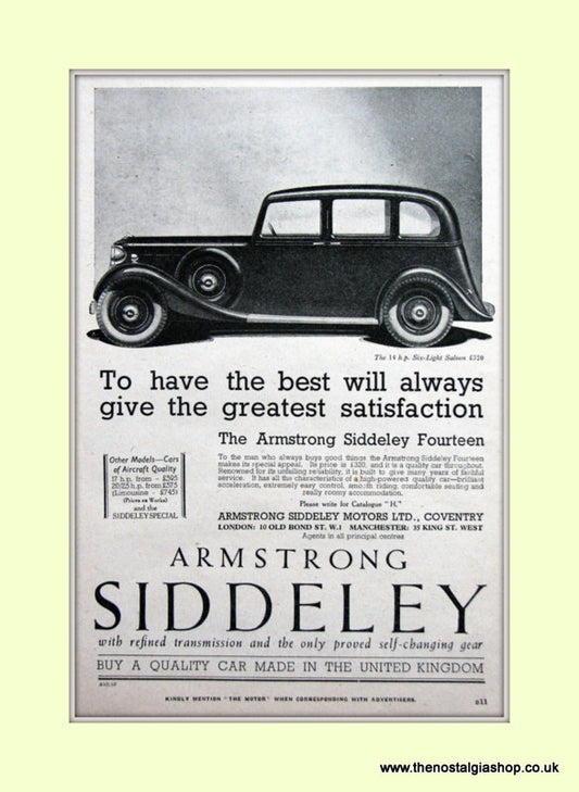 Armstrong Siddeley 14.h.p Six Light Saloon Original Advert 1936 (ref AD6667)