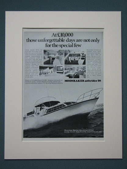 Moonraker Softrider 36 Cruise boat 2 x Original adverts 1972 (ref AD811)
