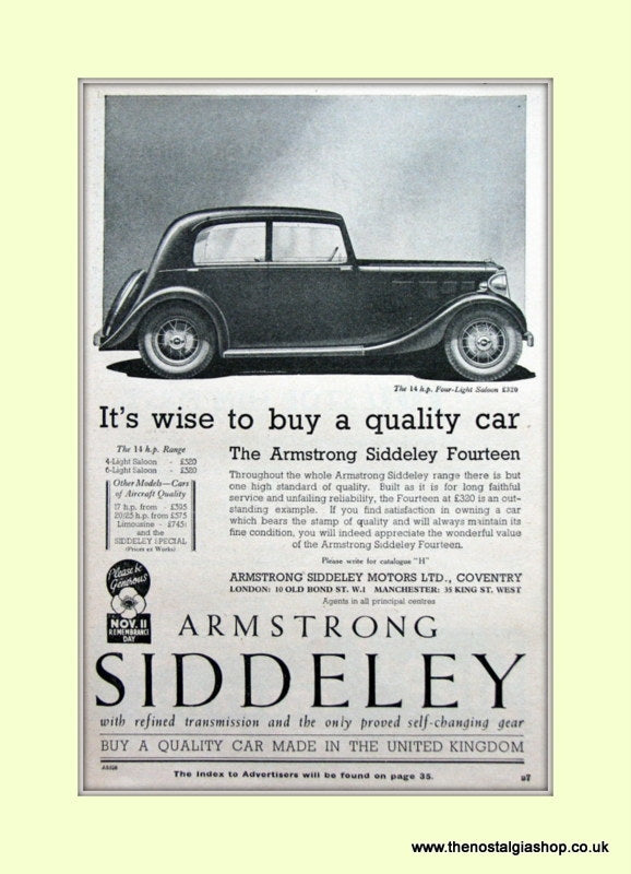 Armstrong Siddeley The 14.h.p Saloon Original Advert 1936 (ref AD6663)