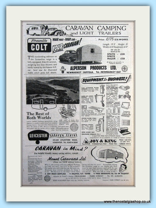 Streamlite Colt Caravans, Joy & king Equipment , Mount Caravans Original Advert 1952 (ref AD6340)