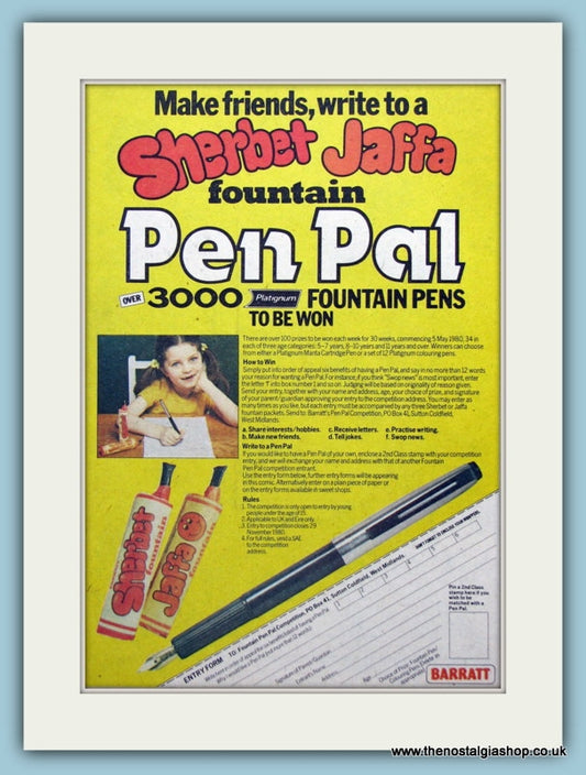Sherbet Jaffa Fountain Pen Pal. Original Advert 1980 (ref AD2635)