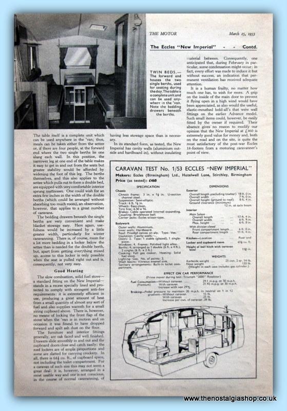 The Eccles New Imperial Caravan Original Test Report 1953 (ref AD6374)