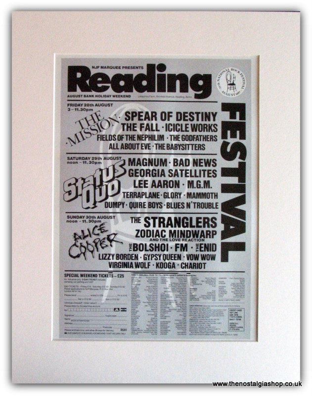 Reading Festival 1987 Advert. Status Quo, Alice Cooper. (ref AD1828)