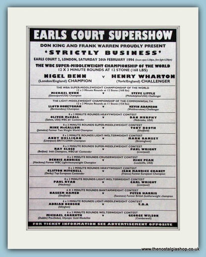 Nigel Benn v Henry Wharton 1994 Original Advert (ref AD4413)