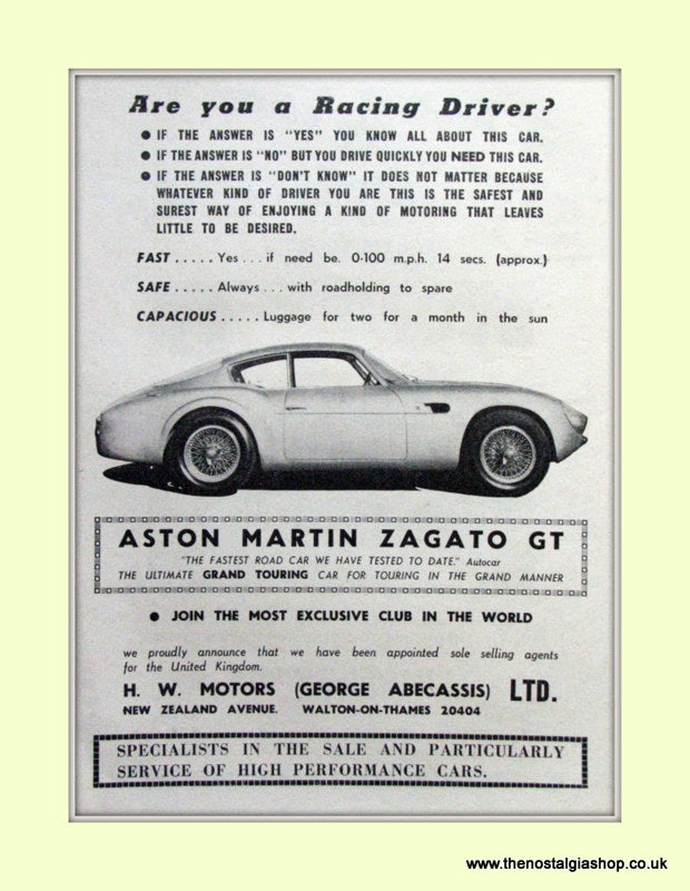 Aston Martin Zagato GT Original Advert 1962 (ref AD6703)