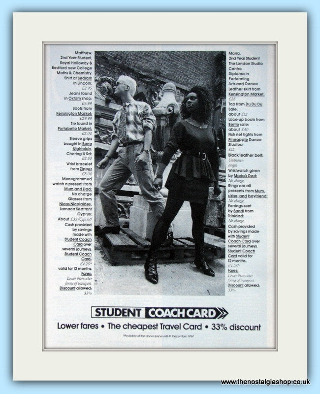 Student Coach Card Original Advert 1989 (ref AD6552)