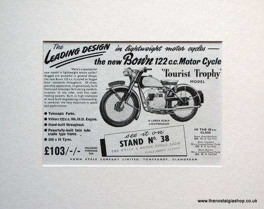 Bown 122cc Tourist Trophy  Motor Cycle. 1952 Original advert (ref AD1611)
