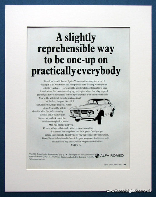Alfa Romeo Sprint Veloce. Original advert 1967 (ref AD1420)