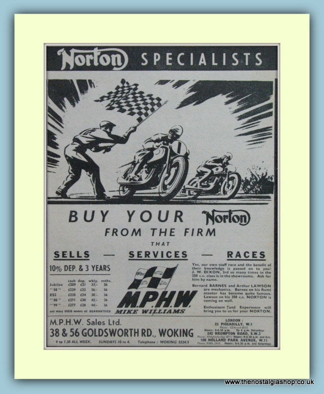 M.P.H.W. Mike Williams Sales Norton Original Advert 1959 (ref AD6604)