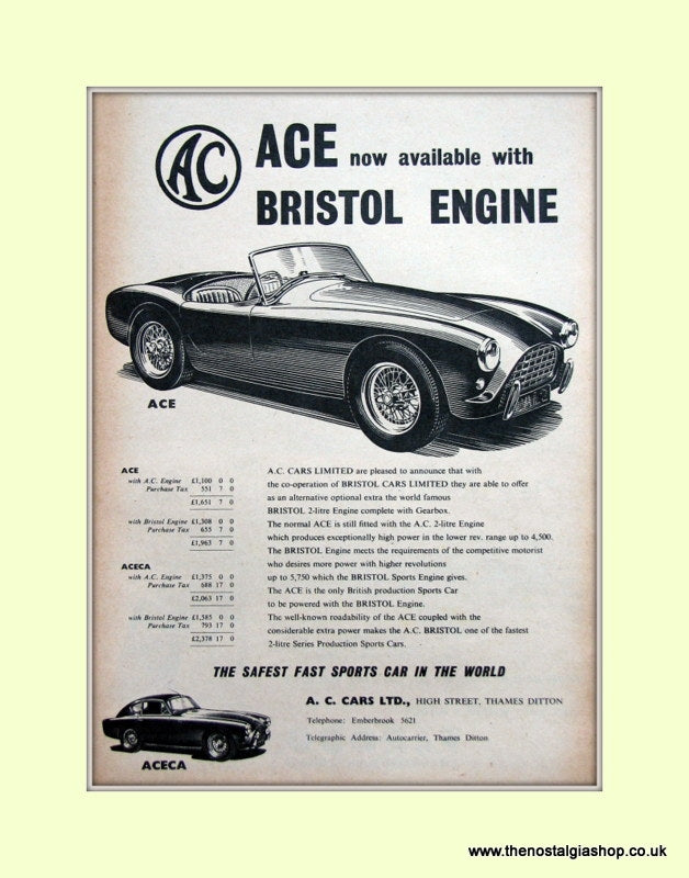 AC Ace & Aceca. Original Advert 1956 (ref AD6605)