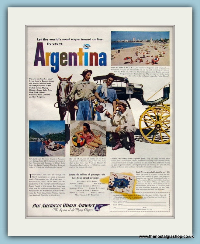 Argentina fly with Pan American. Original Advert 1947 (ref AD8253)