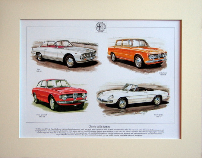 Alfa Romeo Classic Cars.  Mounted Print.