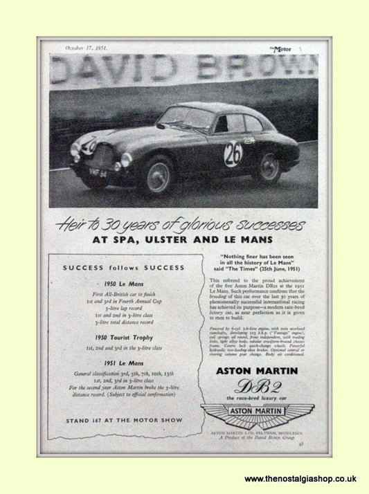 Aston Martin Spa Ulster And Le Mans Original Advert 1951 (ref AD6767)