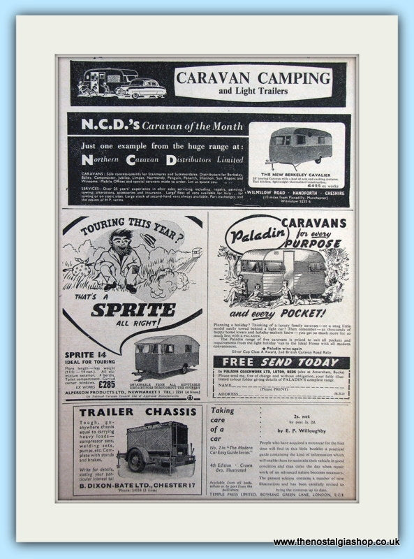 Berkeley Cavalier Caravan, Sprite, Paladin & Trailer Chassis Original Advert 1955 (ref AD6341)